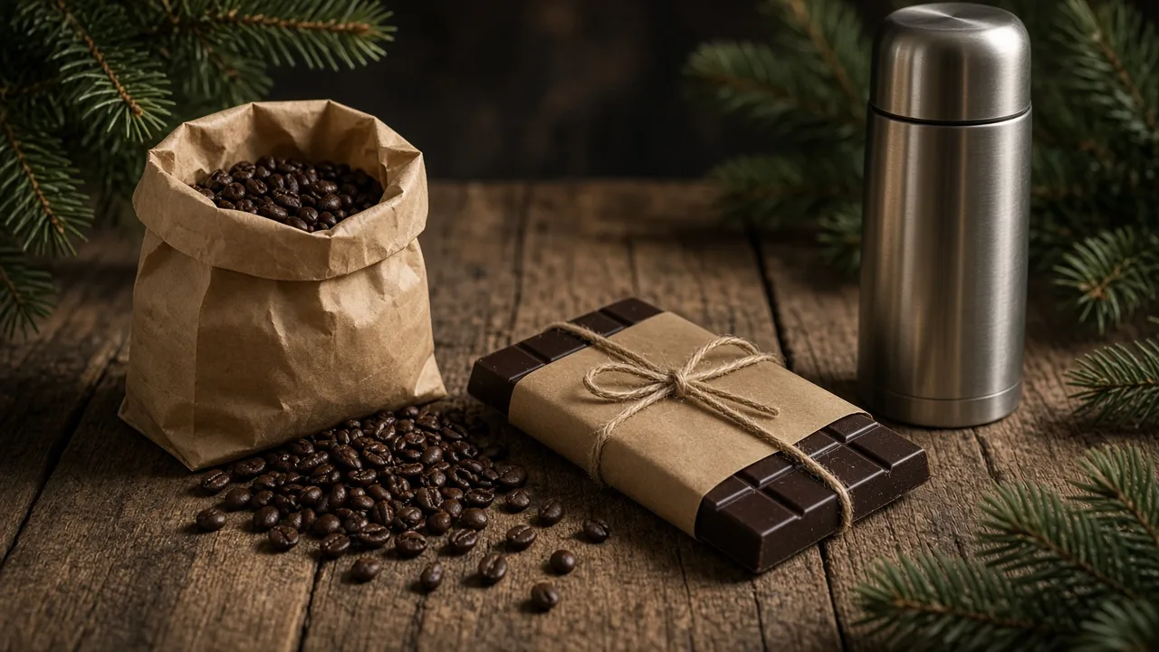 Coffee beans, a dark chocolate bar and a steel flask wrapped in brown paper on a wooden table with fir branches