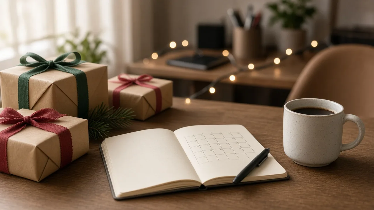 Wrapped Christmas gifts and a small notebook on an office desk with string lights